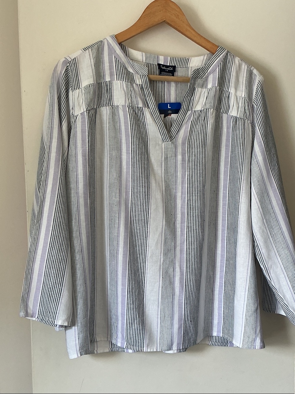 Splendid Striped V-Neck Tunic - White, Light Purple & Gray